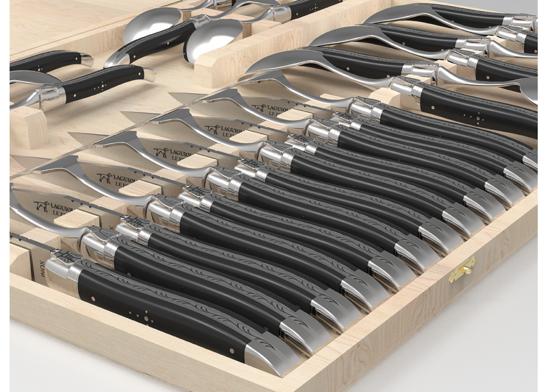 Service Laguiole de 24 pièces avec un manche en bois d'ébène et mitres en acier inoxydable