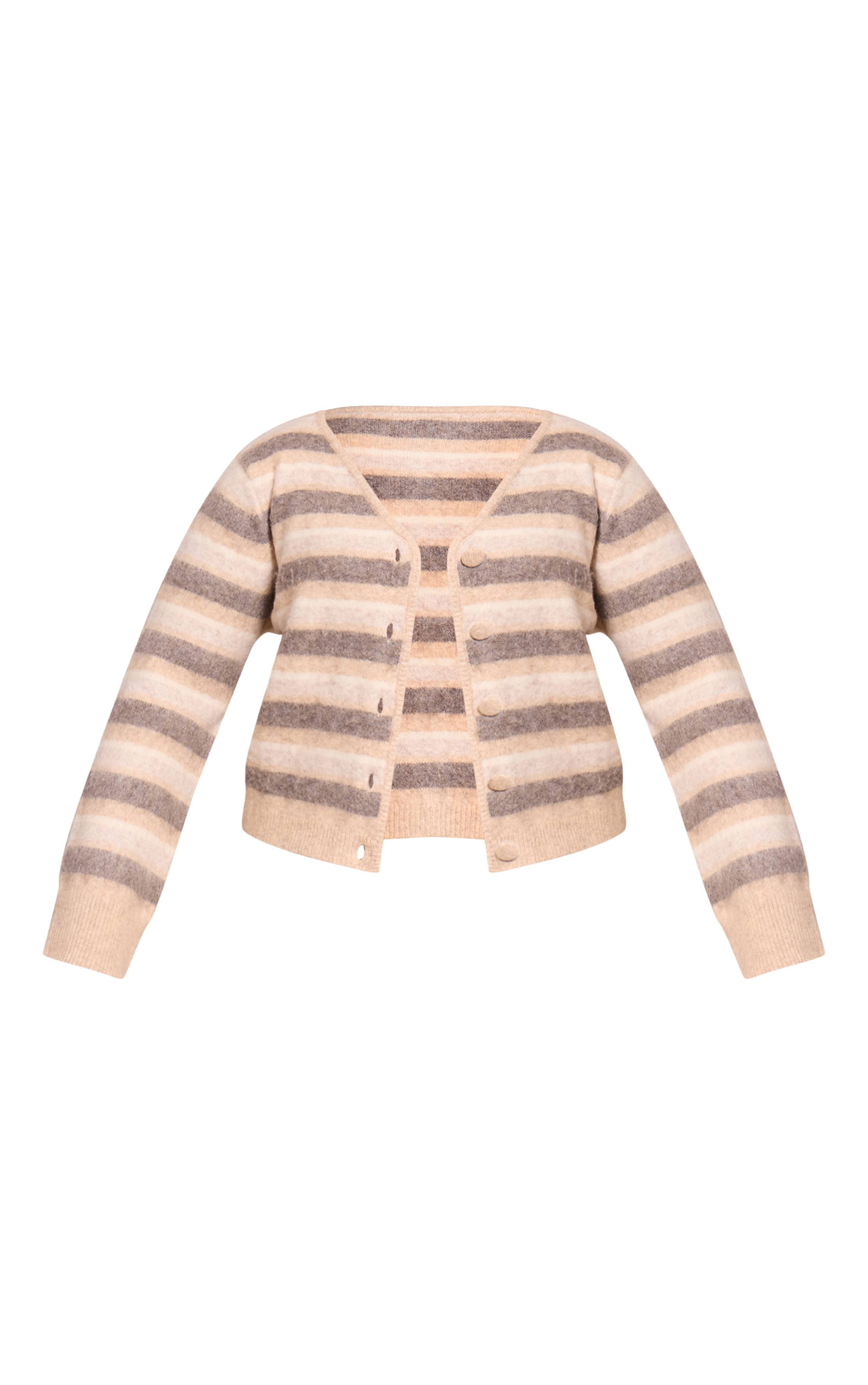 Beige Cardigan En Maille Brossée Grande Taille À Rayures Col V Et Boutons Recouverts