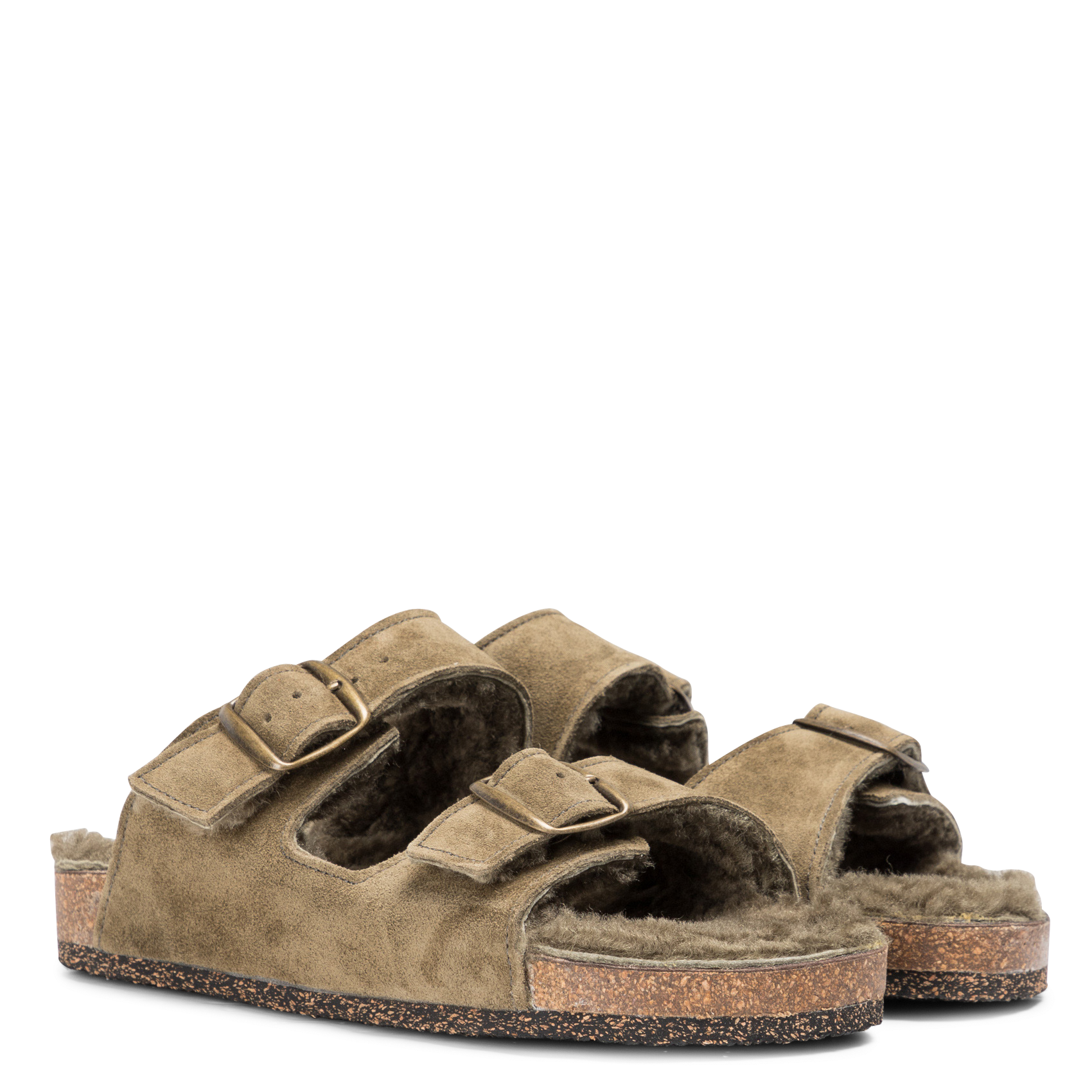 Sandales fourrées en cuir velours | Beige