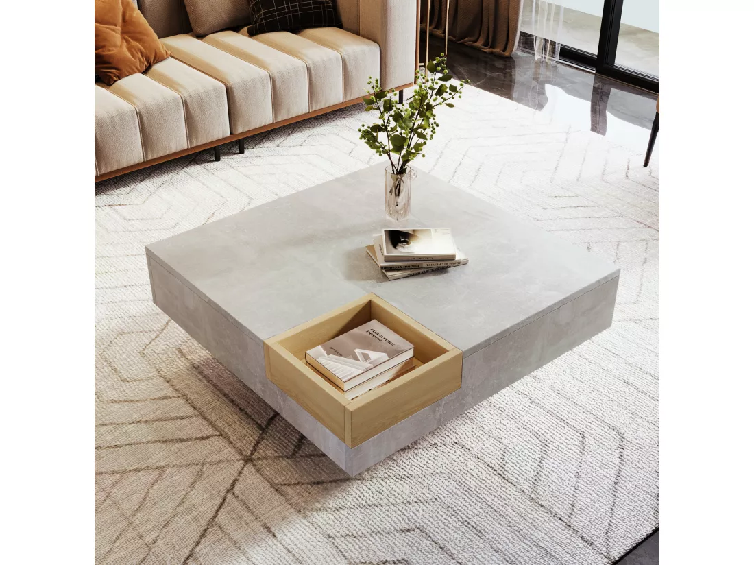 Table basse carré moderne effet béton gris et une boit de rangement bois nature 72*72*30 CROKS