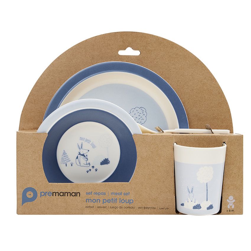 Coffret repas 5 pièces en mélamine - Mon petit loup - Ecru