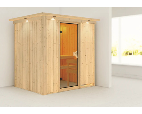 Karibu Wanja plug & play sauna zonder kachel, met dakrand en gebronsde volledig glazen deur