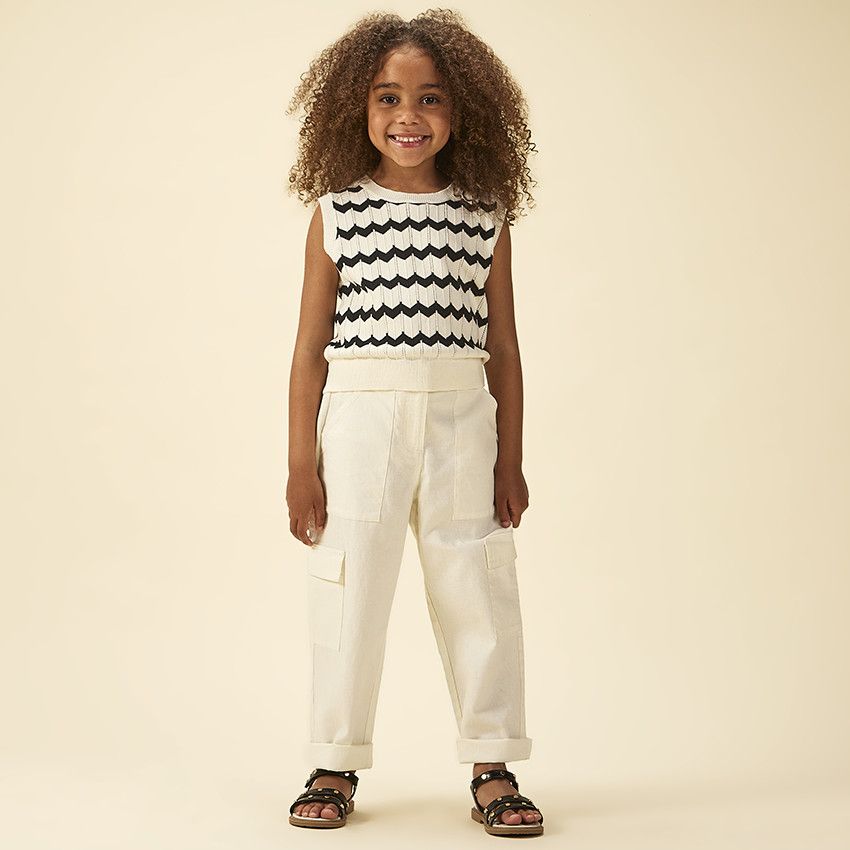 Pull sans manches en tricot ajouré motif zigzags pour fille - Ecru