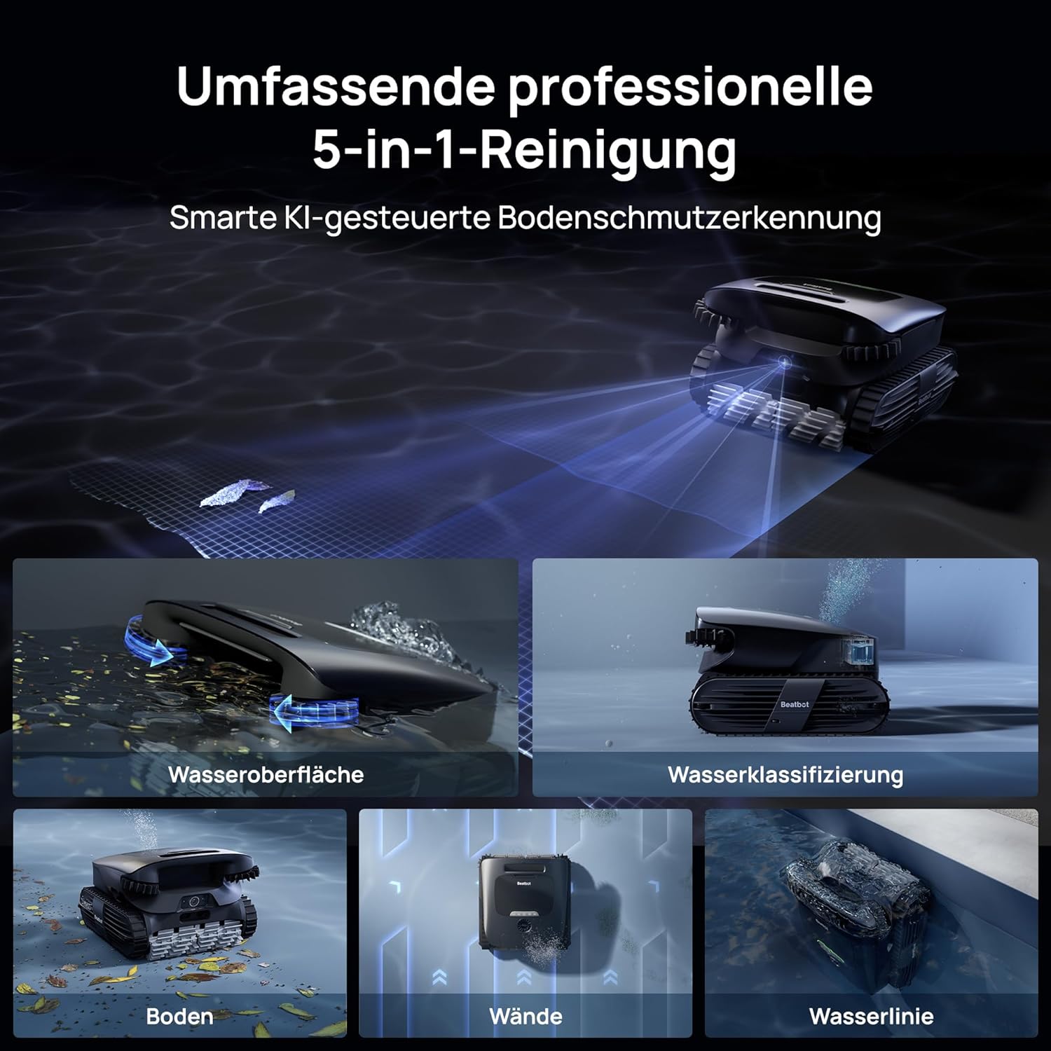 Beatbot AquaSense 2 Ultra Poolroboter, KI Mapping, 5in1 Komplettreinigung, KI-Schmutzerkennung, Mehrstufen-Plattformreinigung, Kabelloser Poolsauger Für Pools bis zu 300m²–Mitternachtblau