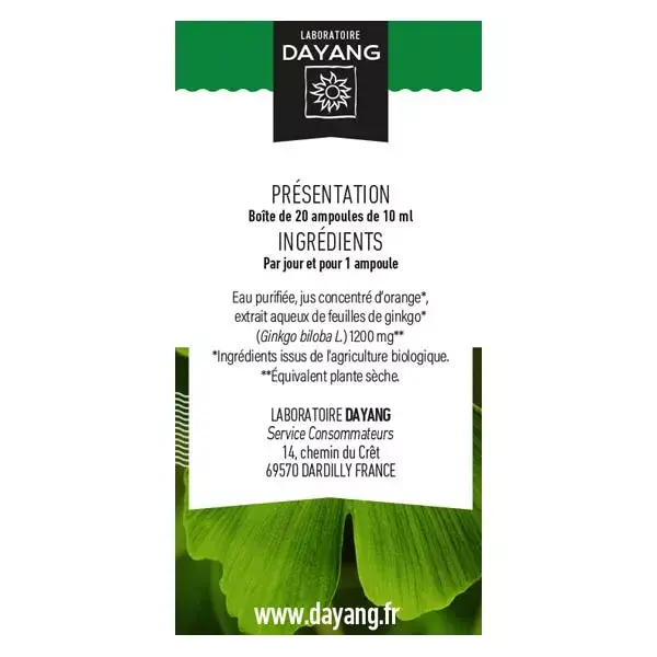 Dayang Ginkgo Biloba Orgânico 20 ampolas