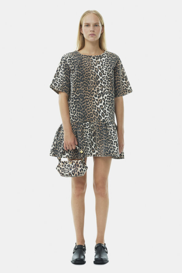 Ganni Print Denim Open-back Mini Dress Leopard