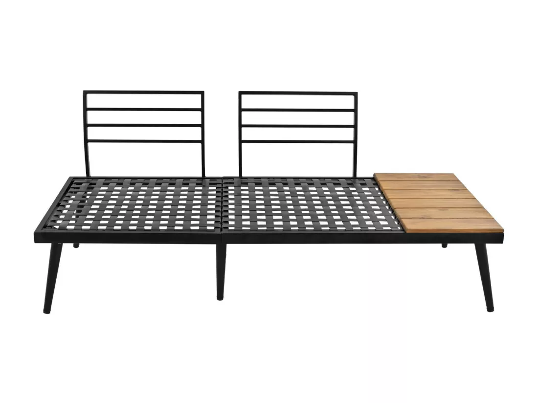 Salon de jardin 5 à 6 personnes, avec cadre en fer galvanisé et bois Acacia, canapé modulable + tables gigognes