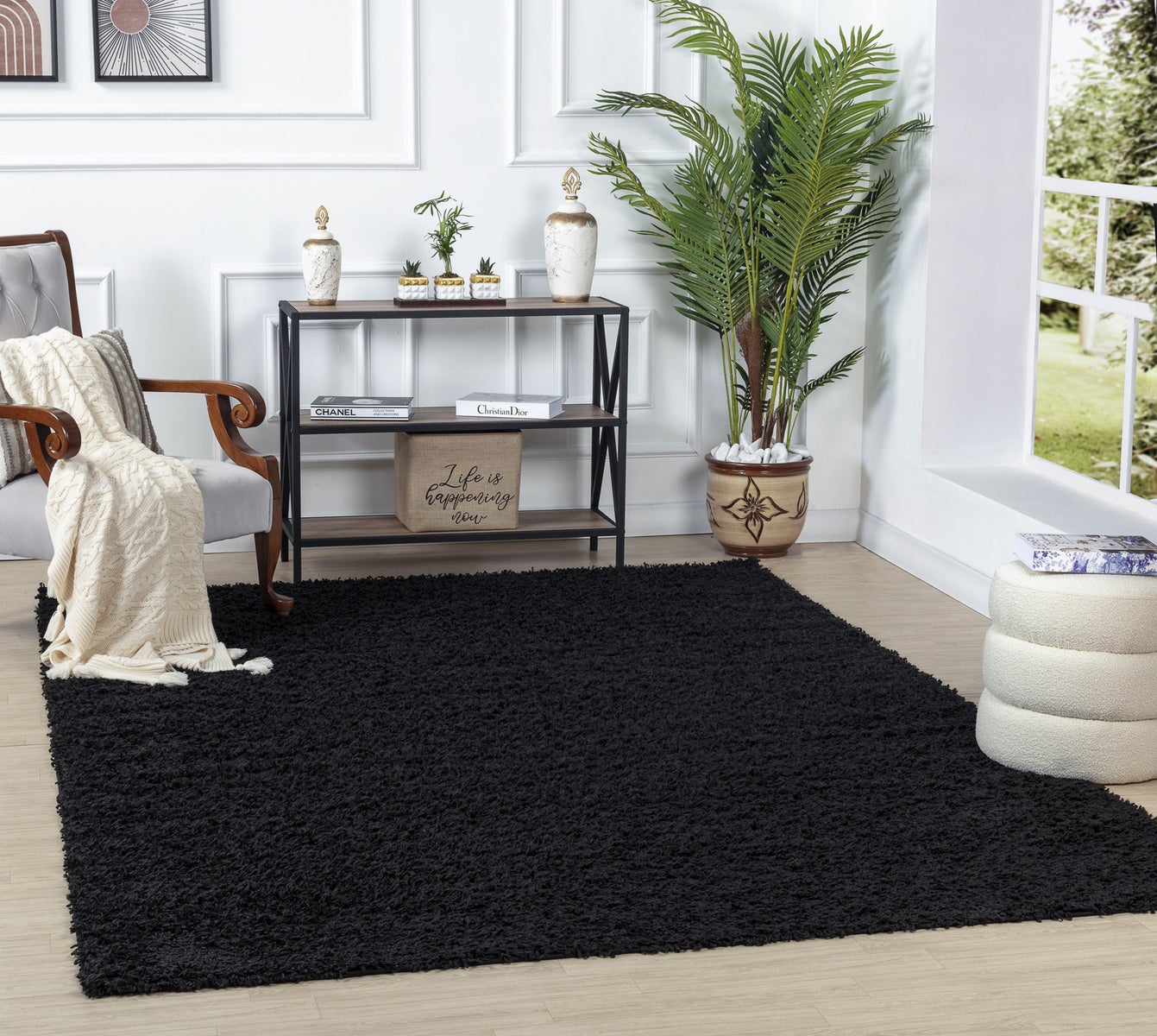 Modern hoogpolig shaggy vloerkleed, zwart, 120x170 cm, LILLY