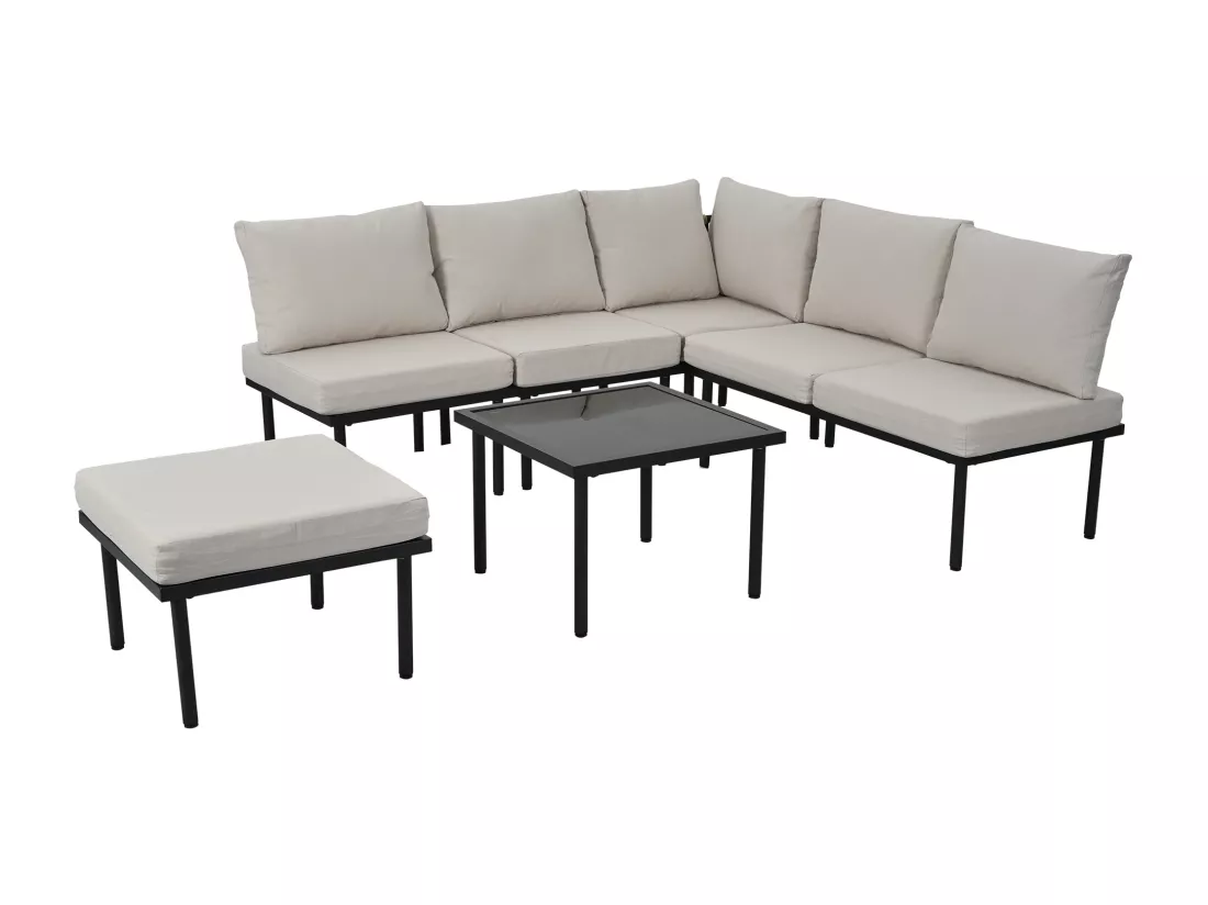 Set de 6 pièces, meubles de jardin en corde, dessus de table en verre, Siège et coussins inclus, beige