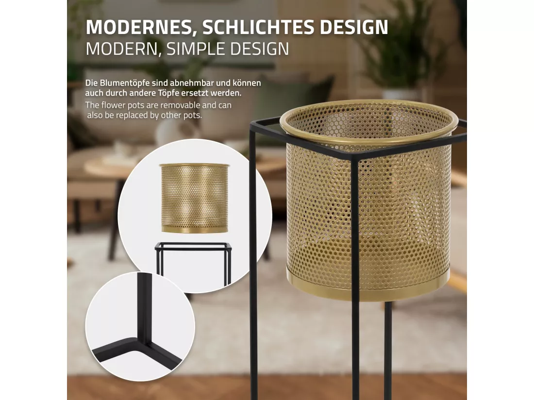 ML-Design Support pour fleurs, set de 2, noir-or, 21x21x47/25x25x71 cm, en acier, support pour pots de fleurs avec cache-pot, support pour plantes en métal, support pour pots de fleurs 2 pièces, pot de plantes déco Colonne de fleurs Tabouret de fleur
