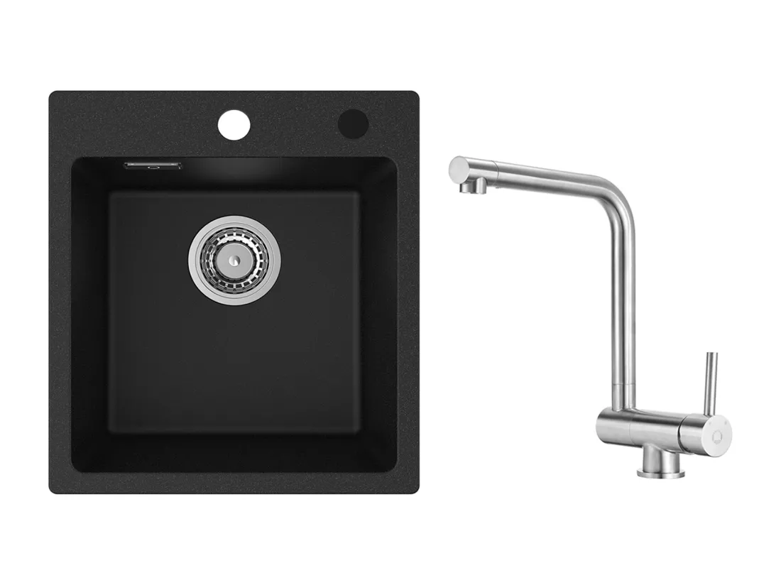Cecipa MAX 40x45cm Noir Evier de Cuisine en Quartz et Résine Evier 1 Bac + Mitigeur de Cuisine Rabattable Brossé