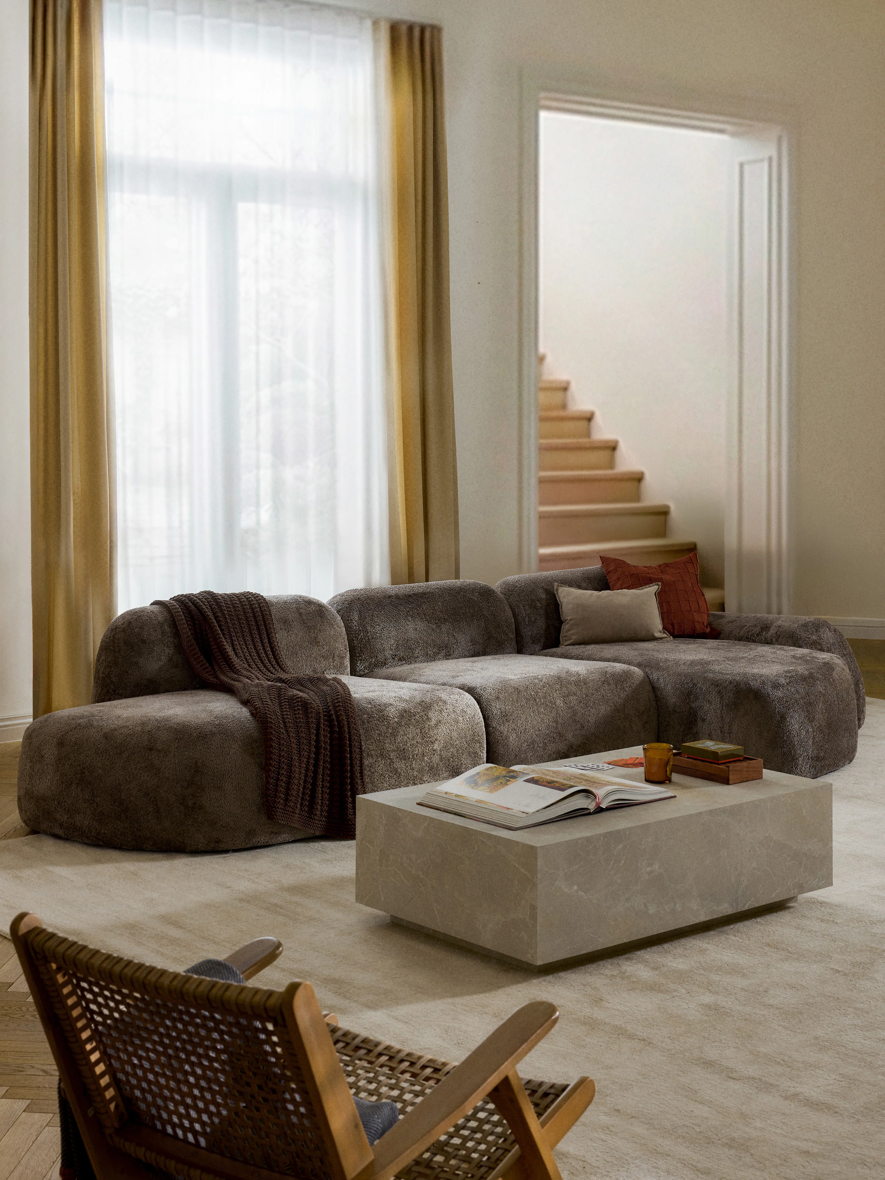 Modulaire teddy-bouclé hoekbank Wolke (4-zits) met chaise-longue