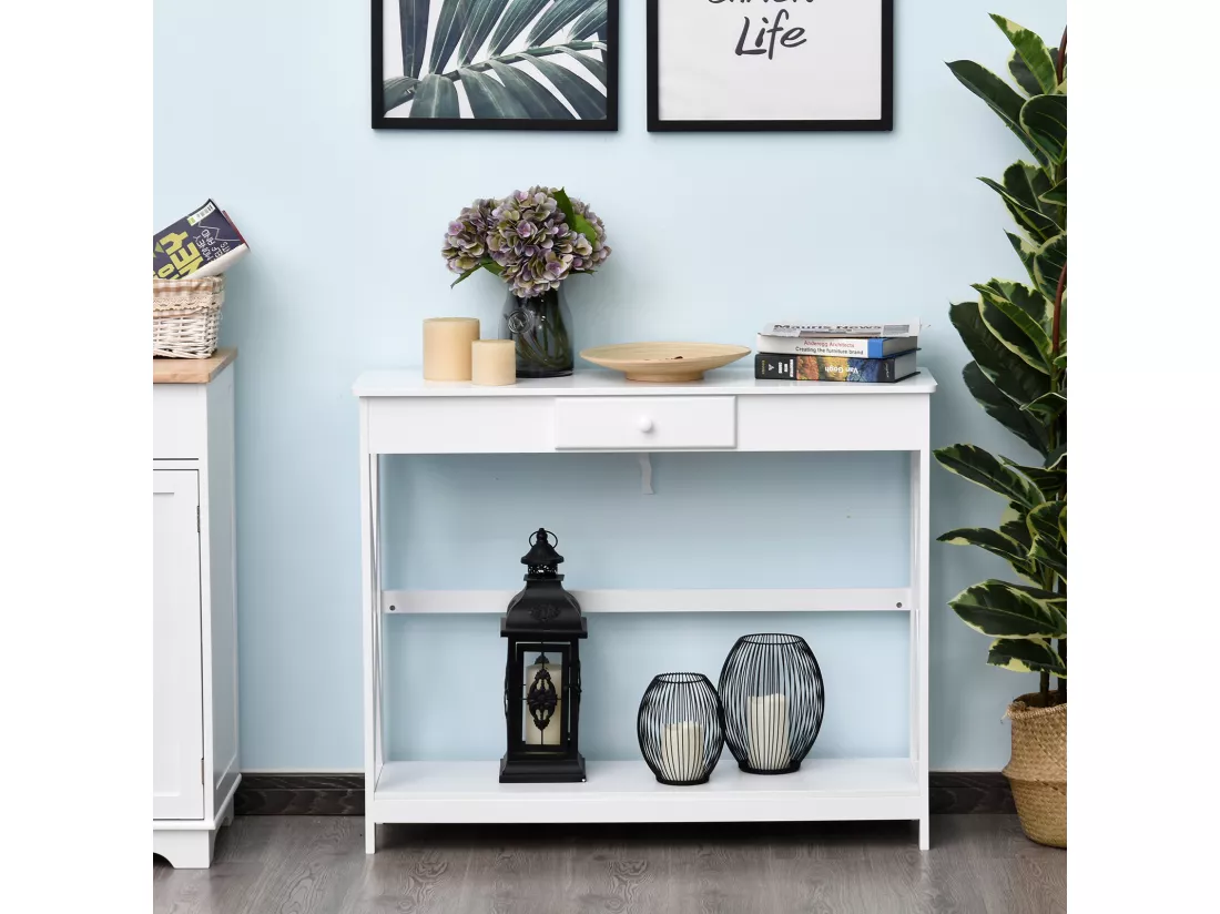 Console style table de drapier néo-rétro tiroir + étagère dim. 100L x 30l x 81H cm MDF blanc