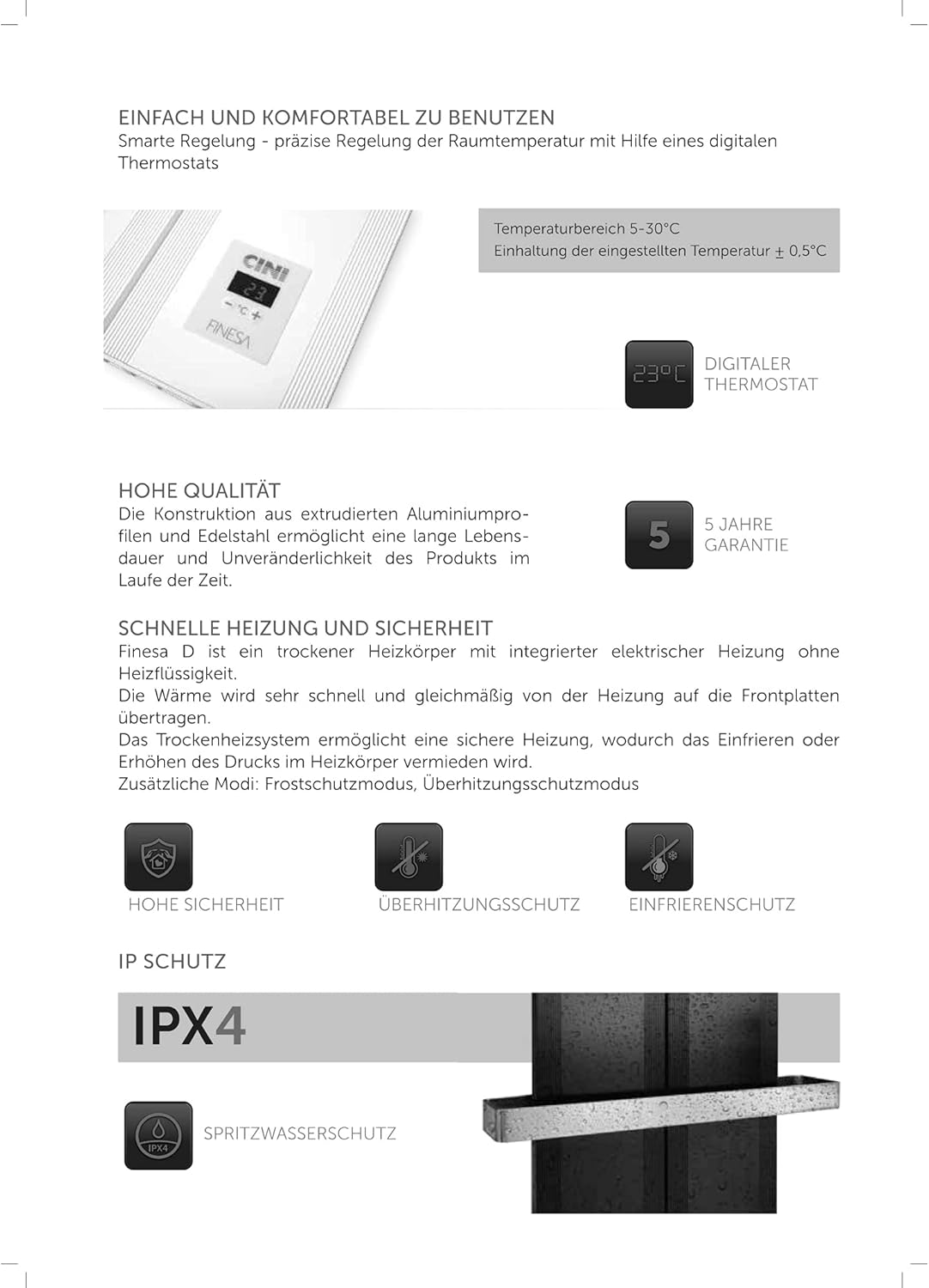 Finesa-D Badheizkörper elektrisch mit Thermostat 1200×408 mm | 900 W – Flacher Paneel Design Handtuchheizkörper – Weiß – energiesparend – 5 Jahre Garantie