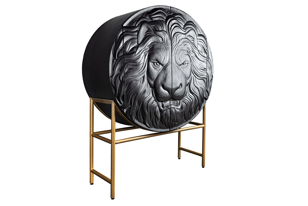 Massives Highboard LION 140cm schwarz gold Mangoholz 3D Schnitzereien Kunstwerk