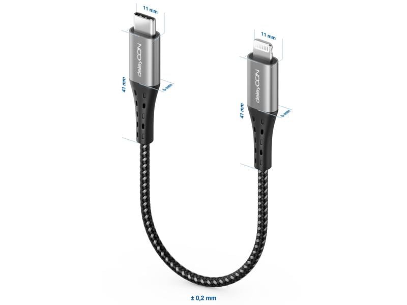 deleyCON USB 2.0-Kabel USB C - Lightning 0.15 m DeleyCON Nylon USB-C auf Lightning Ladekabel Datenkabel Ultra Schnellladen MFi Zertifiziert Metallstecker Power Delivery
