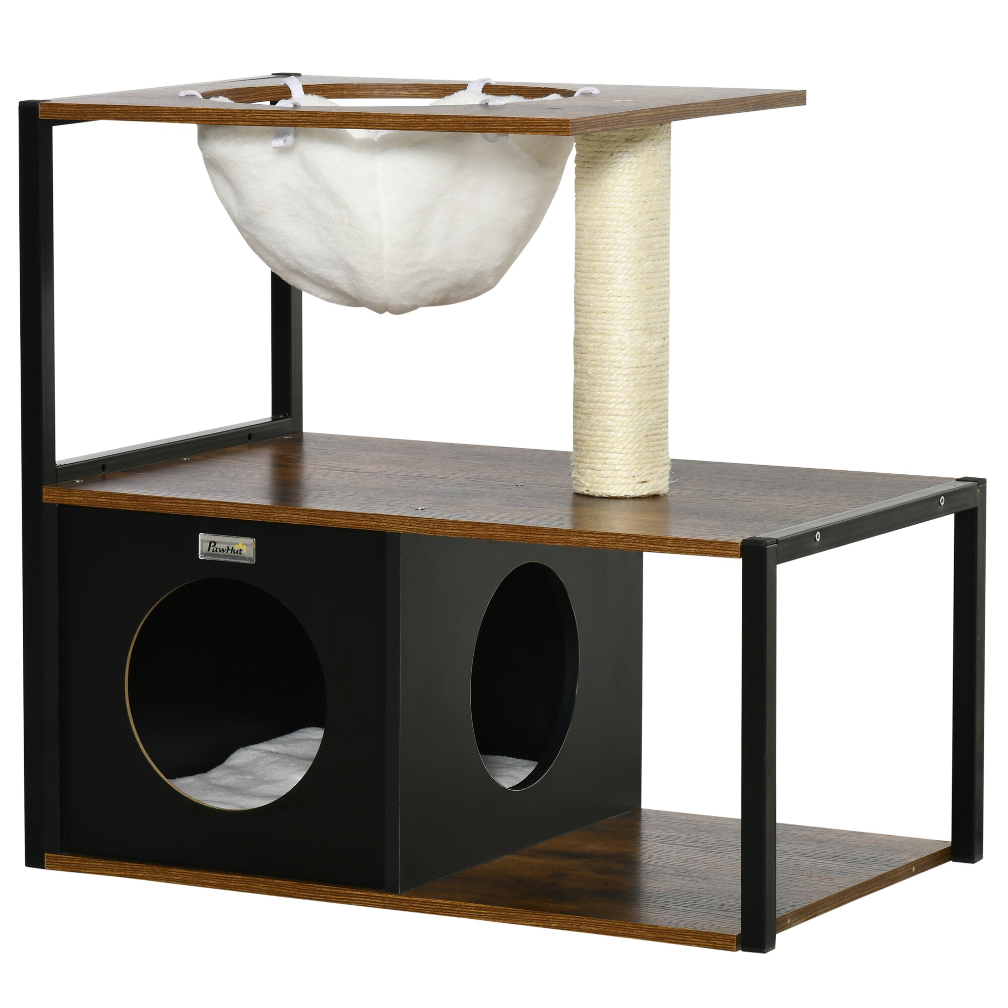 PawHut Katzenhaus mit Kratzstamm schwarz, natur 64L x 40B x 60H cm