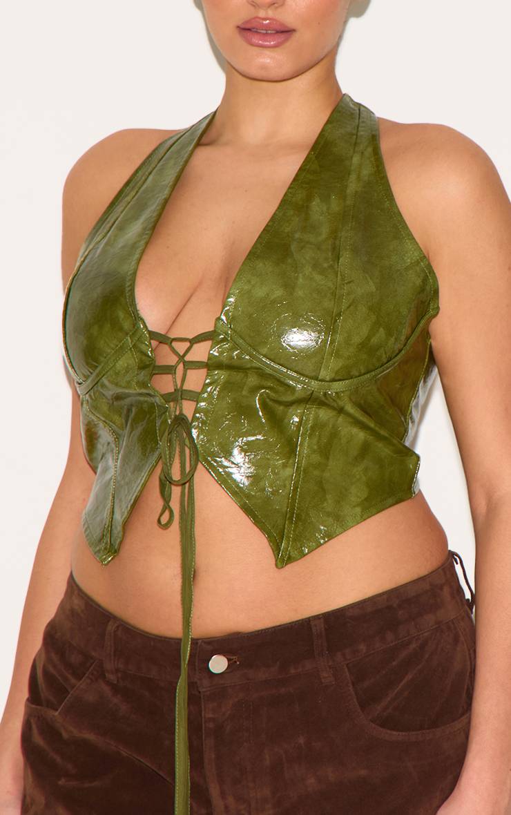 Vert Olive Haut Grande Taille Col Licou Plongeant En Synthétiquecuir Effet Délavé Avec Laçage