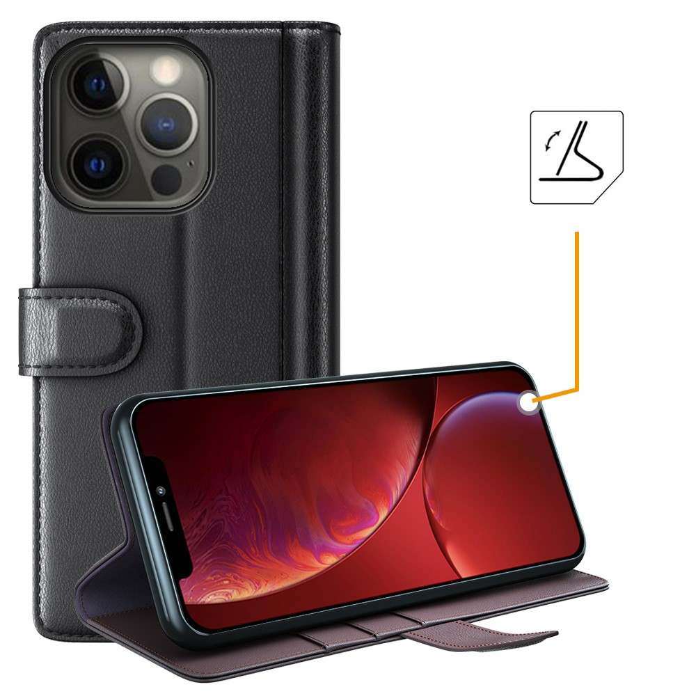 iPhone 13 Pro Echtleder Tasche Hülle Flip Cover mit Kartenfach - Schwarz