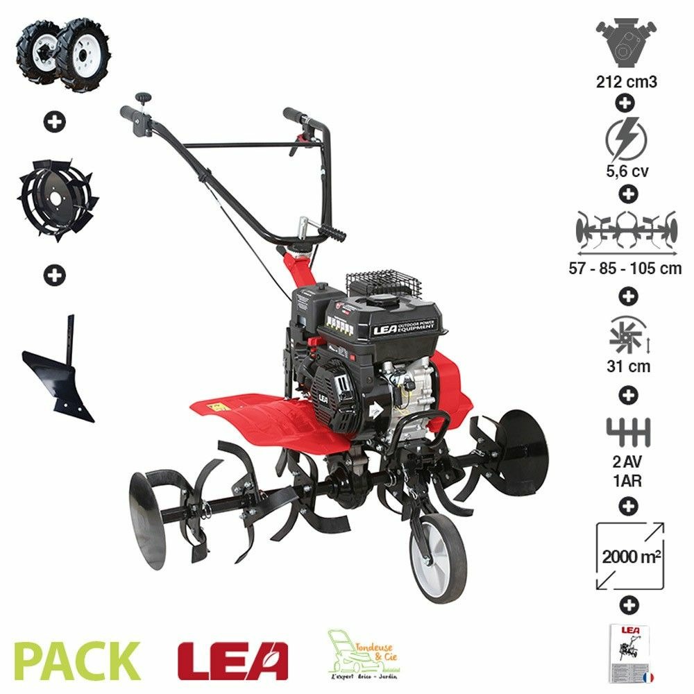 Pack motobineuse thermique 212cc roues charrue 2 av 1 ar travail 105cm lea