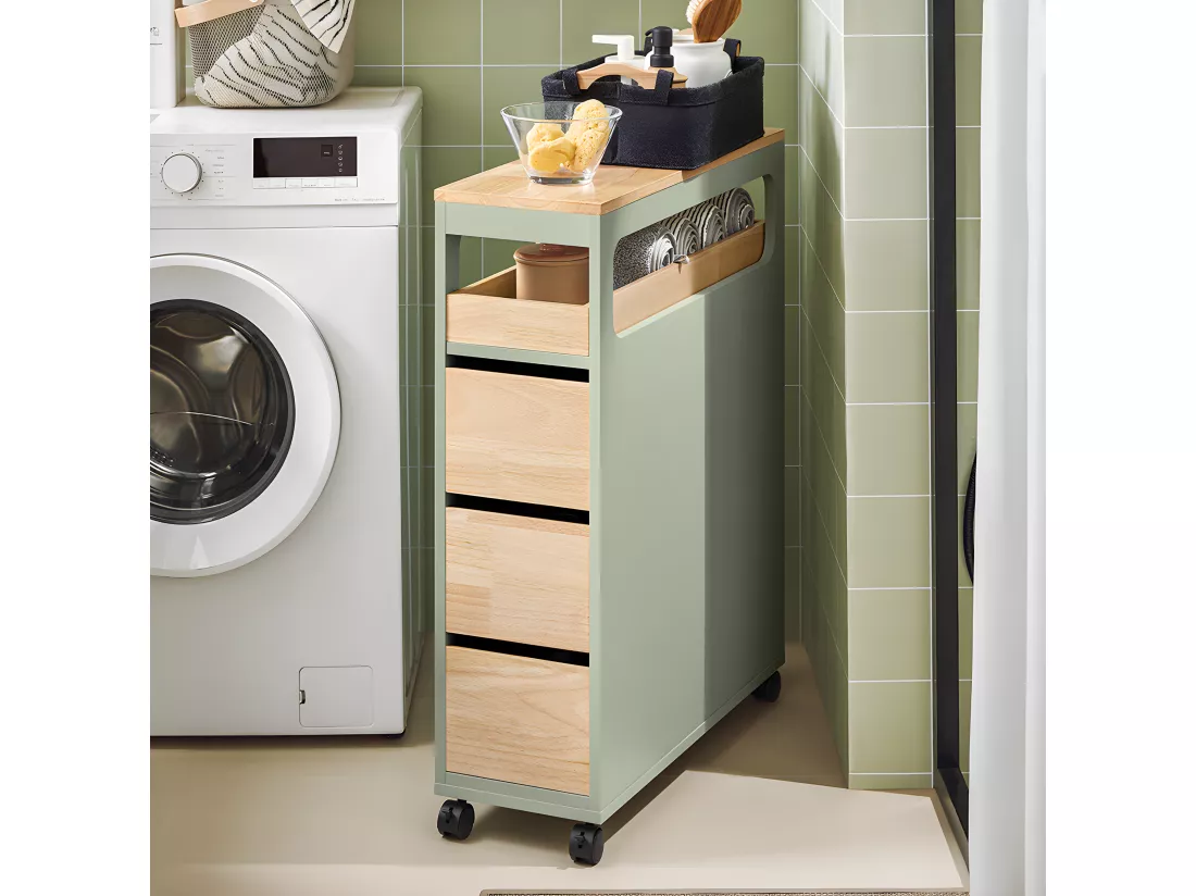 SoBuy Meuble de Rangement Salle de Bain Étroit sur roulettes, Support Papier Toilette, Armoire Toilettes WC Compact, Rangement Polyvalente avec 1 Plateau Amovible et 3 tiroirs, 65x24x82cm, BZR54-GR