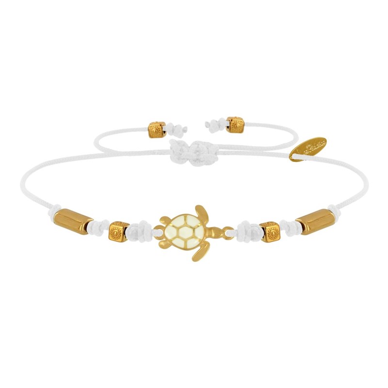 Bracelet Lien Laiton Doré Tortue Émaillé Blanche - Blanc