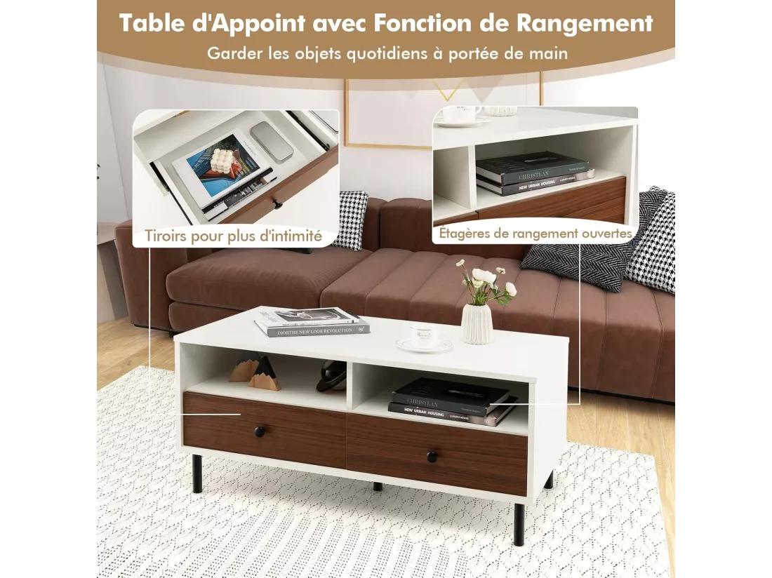 Table basse 2 tiroirs, table basse salon avec 2 compartiments, 95 x 48 x 45 cm