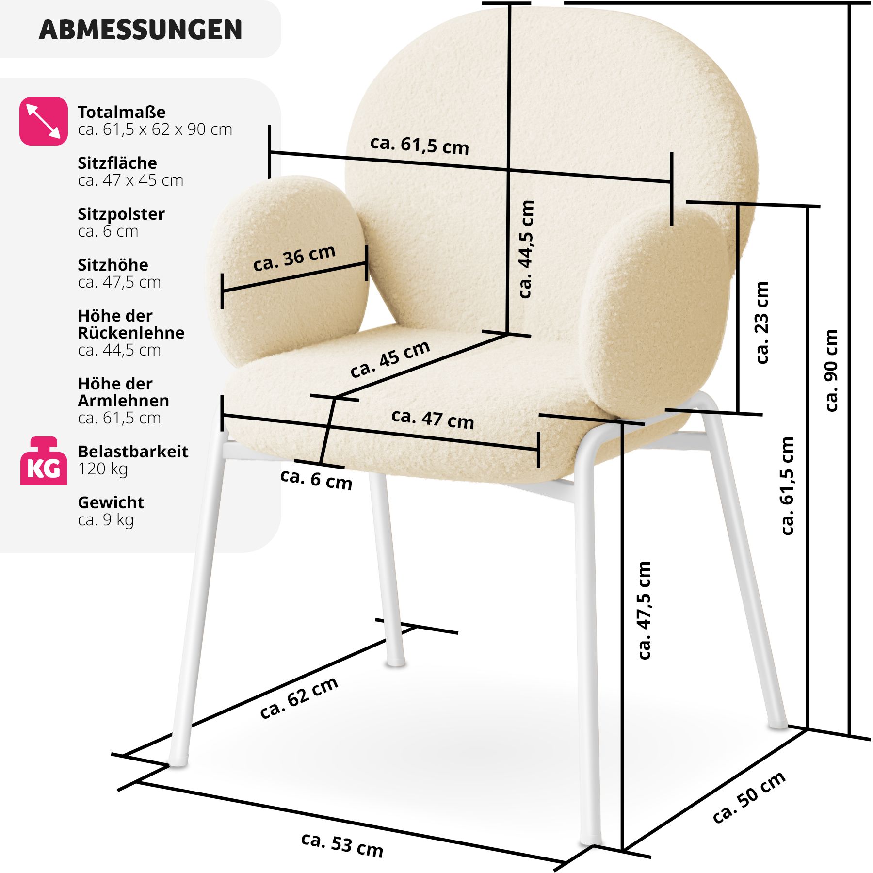 tectake® Stuhl, gepolstert mit Bouclé-Bezug, runde Stahlbeine, Belastbarkeit 120 kg, 61,5 x 62 x 90 cm