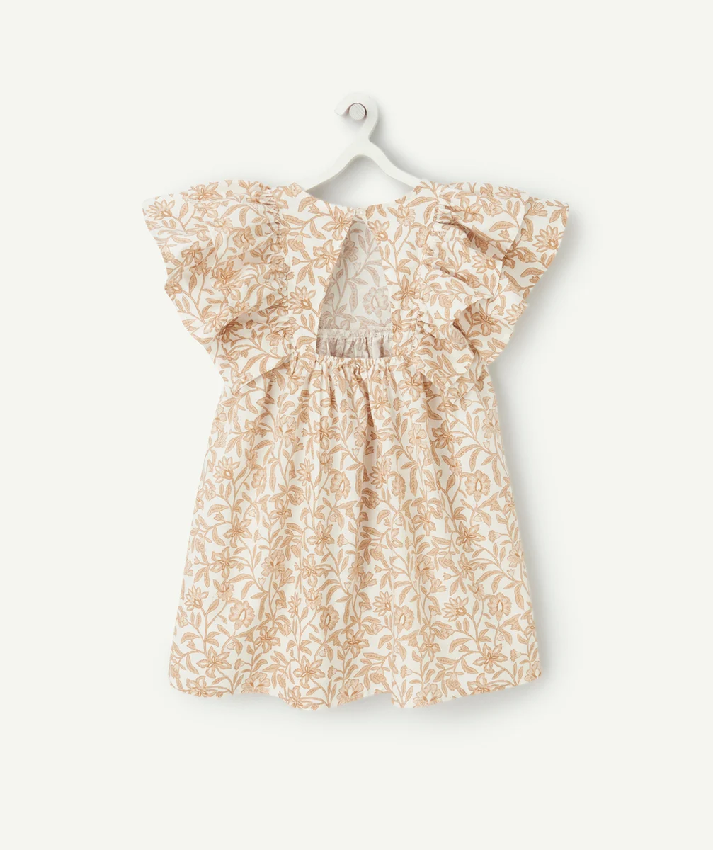 ROBE FILLE BLANCHE IMPRIMÉ FLEURI MARRON AVEC FRONCES ET VOLANTS