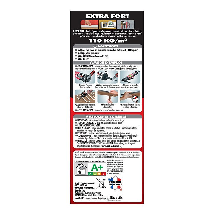Mastic colle extra fort Sader Fixer Sans Percer maintien immédiat tube de 200 ml