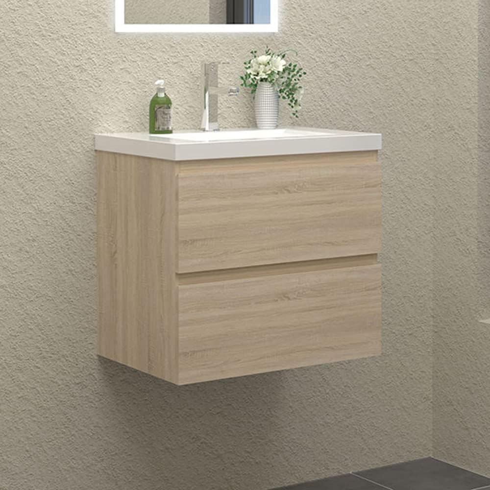 Waschbecken mit unterschrank Badezimmer 60 cm Breit Badmöbel Set mit Waschbecken und 2 Soft-Close Schubladen Waschtisch Unterschrank Eiche für Badezimmer Hängend