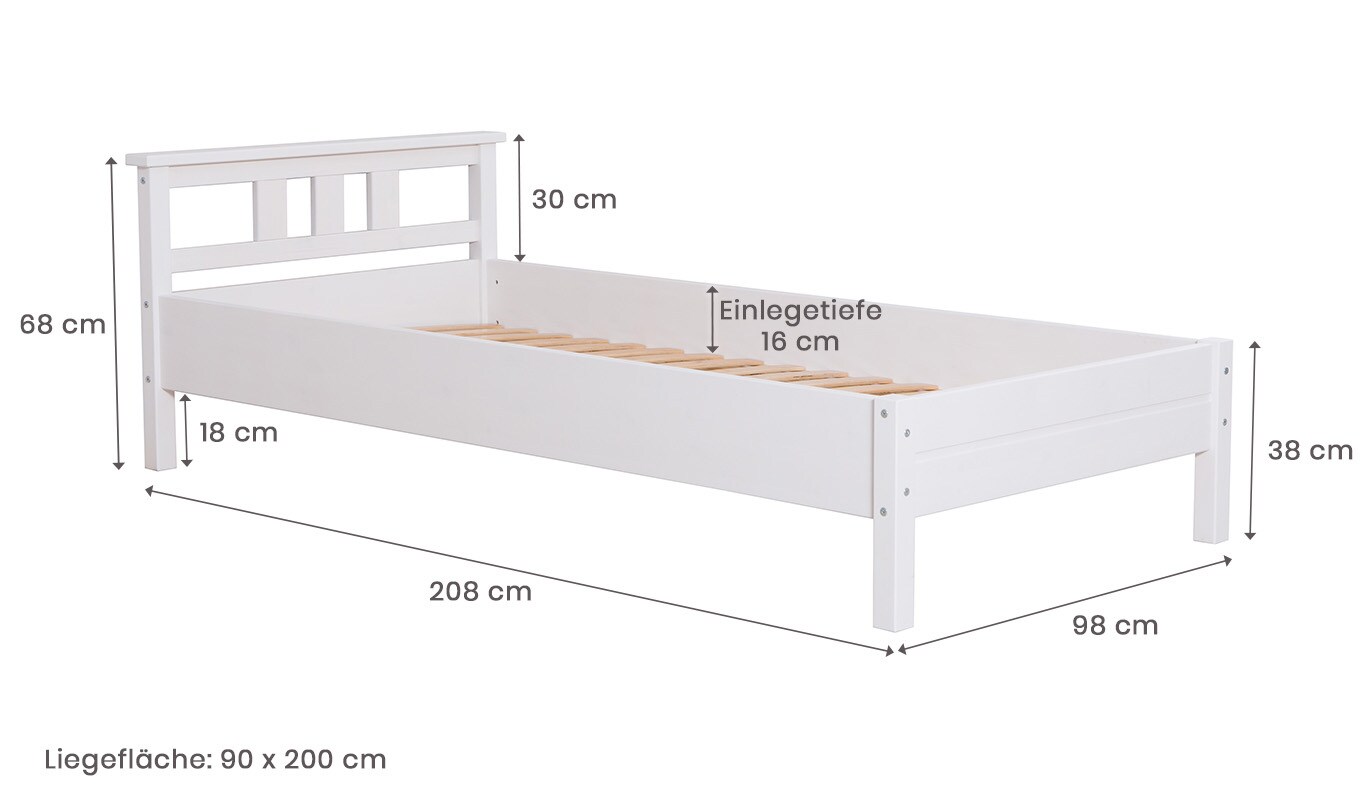 TiCAA Einzelbett und Doppelbett Merci Kiefer Weiß