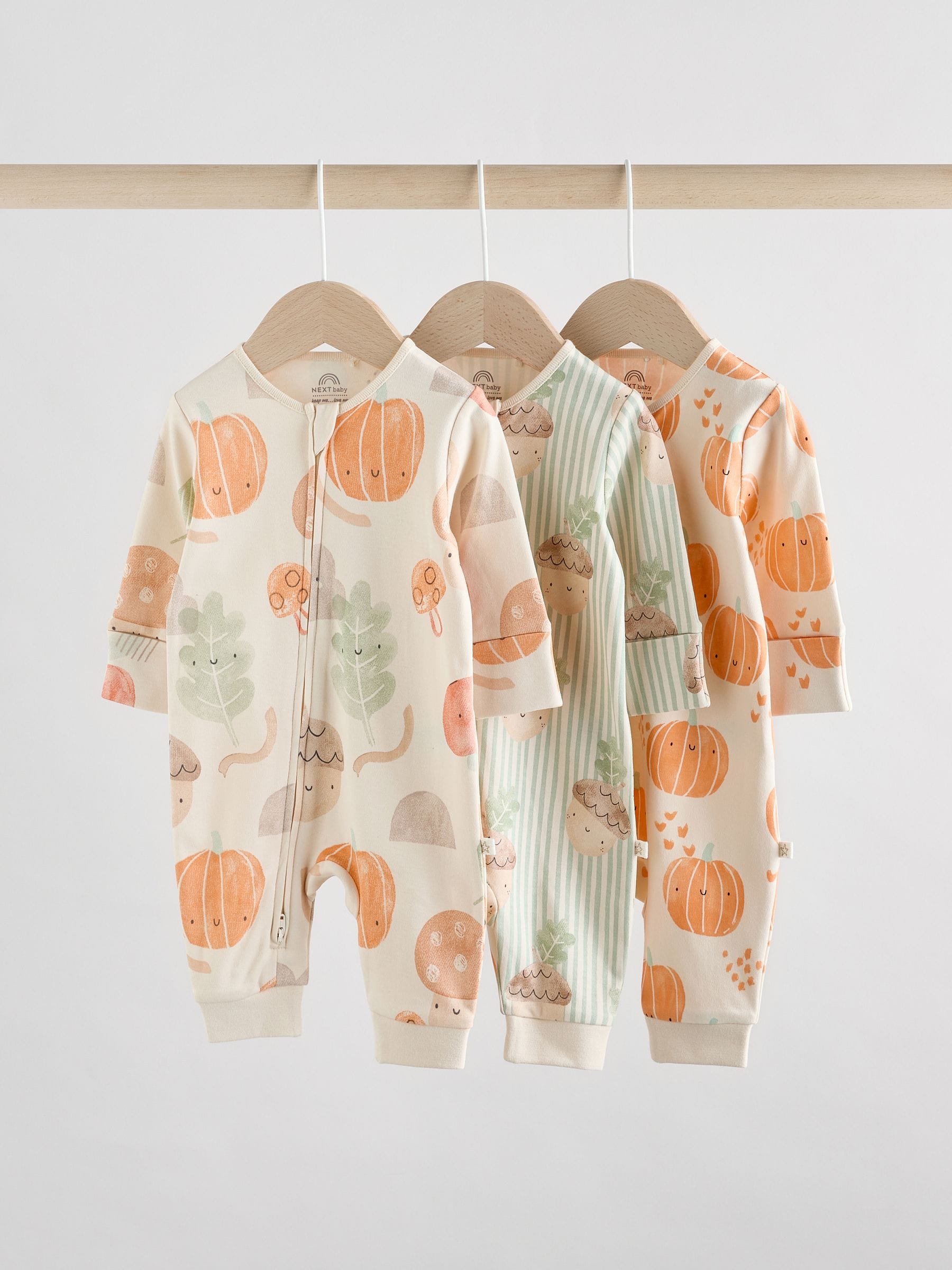 Crème - Verpakking van 3 voetloze babypyjama's met tweewegrits met herfstpompoenen (0mnd -3jr)