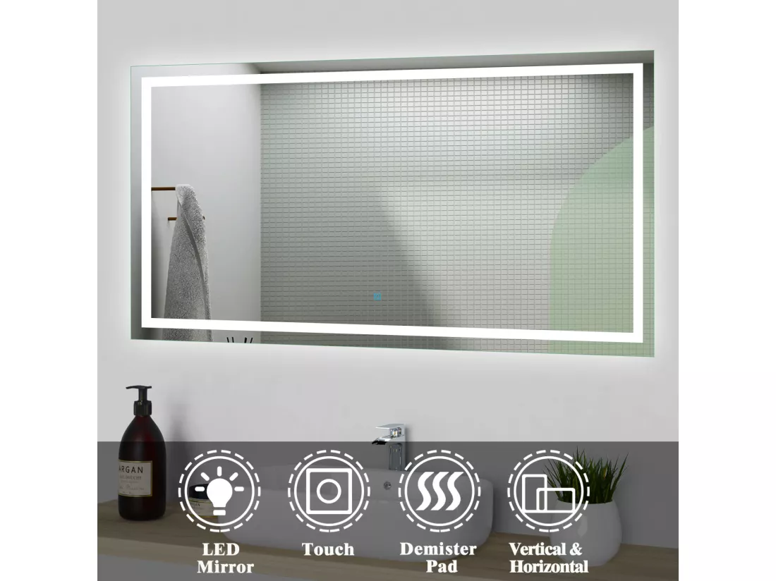 Miroir de salle de bain lumineux l.120 x H.80cm avec Anti-buée, Mural Miroir - Aica