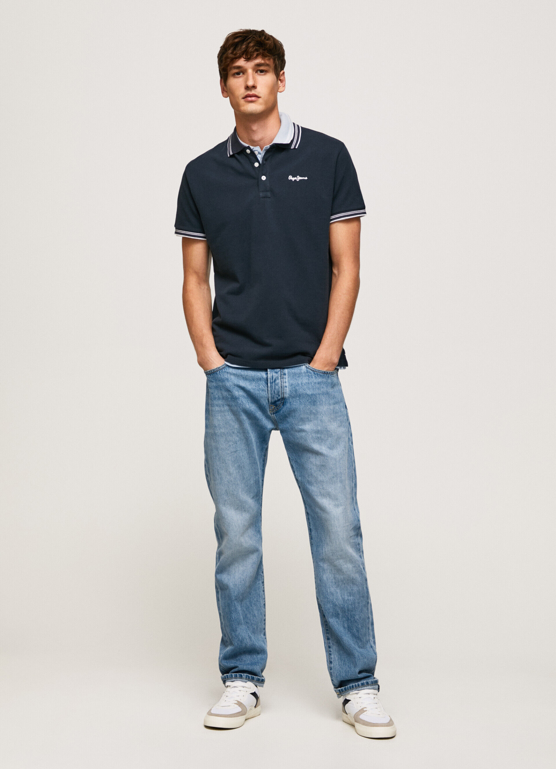 Camisa polo em piqué de algodão com logotipo bordado - azul dulwich