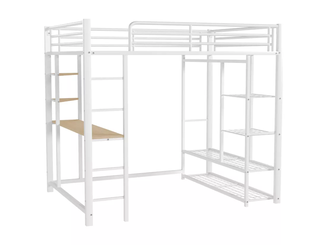 Lit mezzanine 90 x 200 cm avec bureau et étagères de rangement - métal - sommier à lattes - blanc (sans matelas)