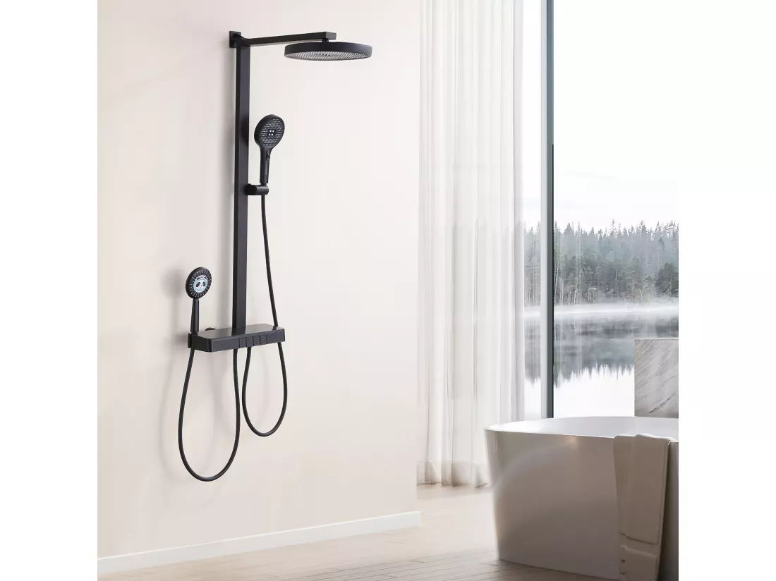 Colonne de Douche Thermostatique 40℃ avec Plateau de Rangement Ensemble de douche 4 fonctions avec douchette pour enfants