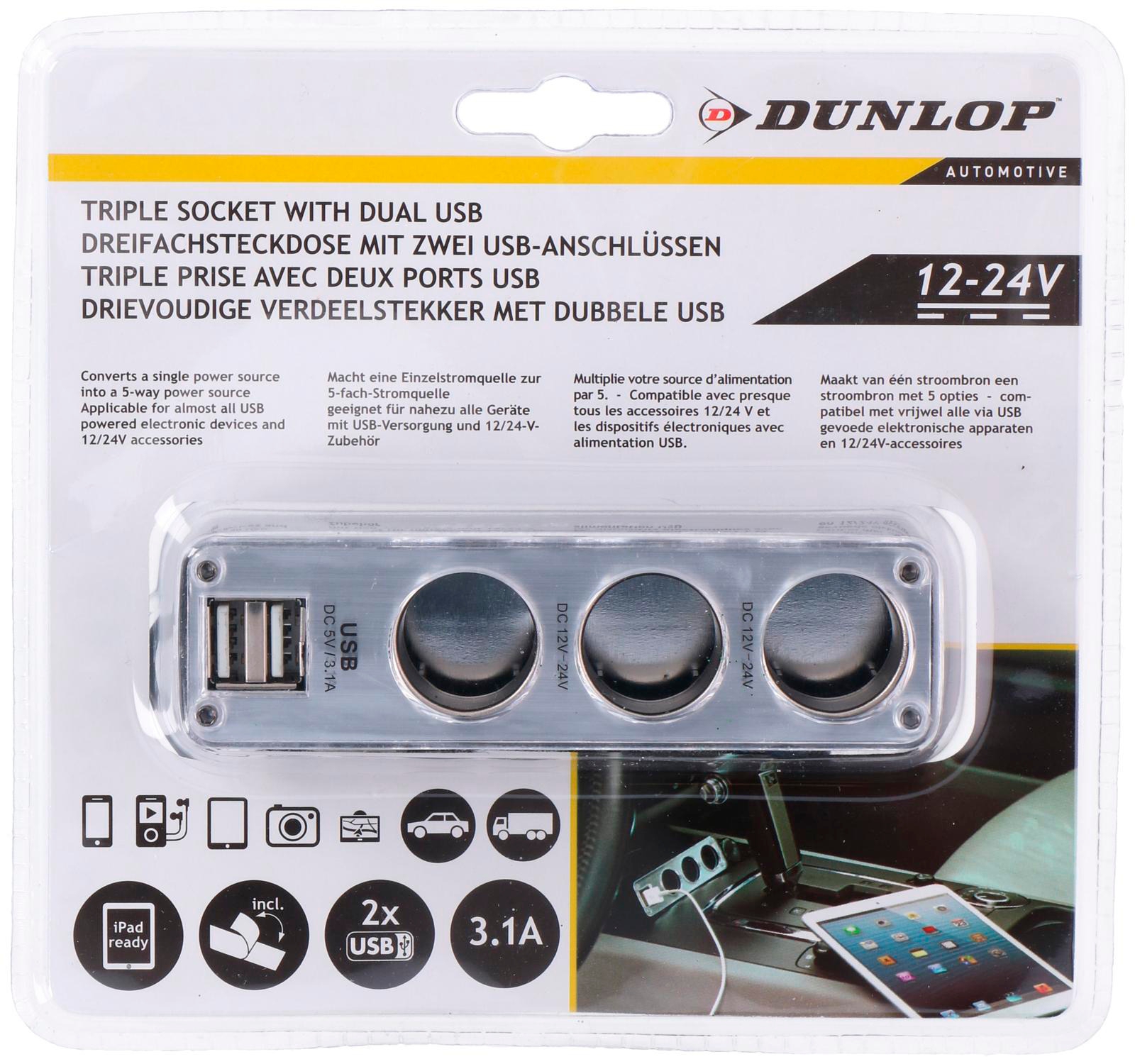 Dunlop 3-fach Steckdose 12/24 V mit 2 x USB