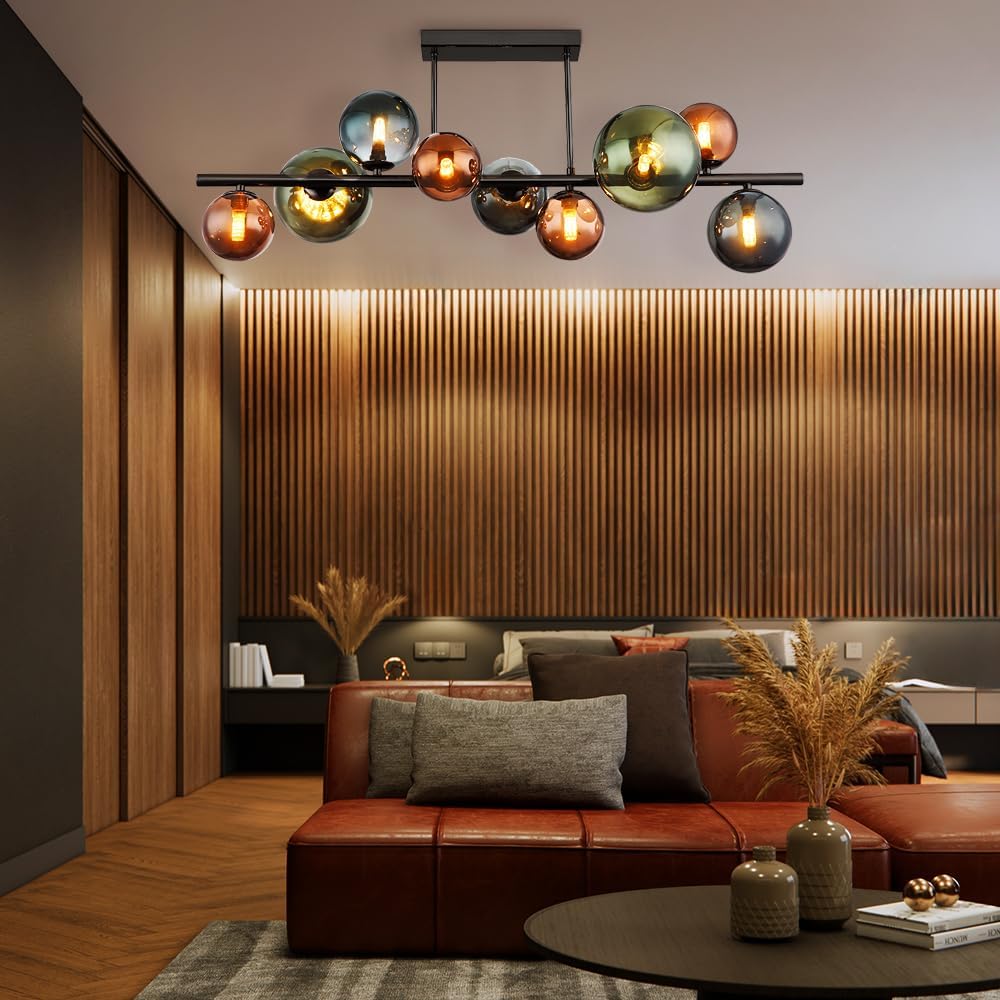 LED Deckenleuchte 9 Flammig Deckenlampe Glaskugeln Esszimmerleuchte Kugeln, bronze petrol grün, 9x 3,5W 350Lm warmweiß, LxBxH 87x30x38 cm