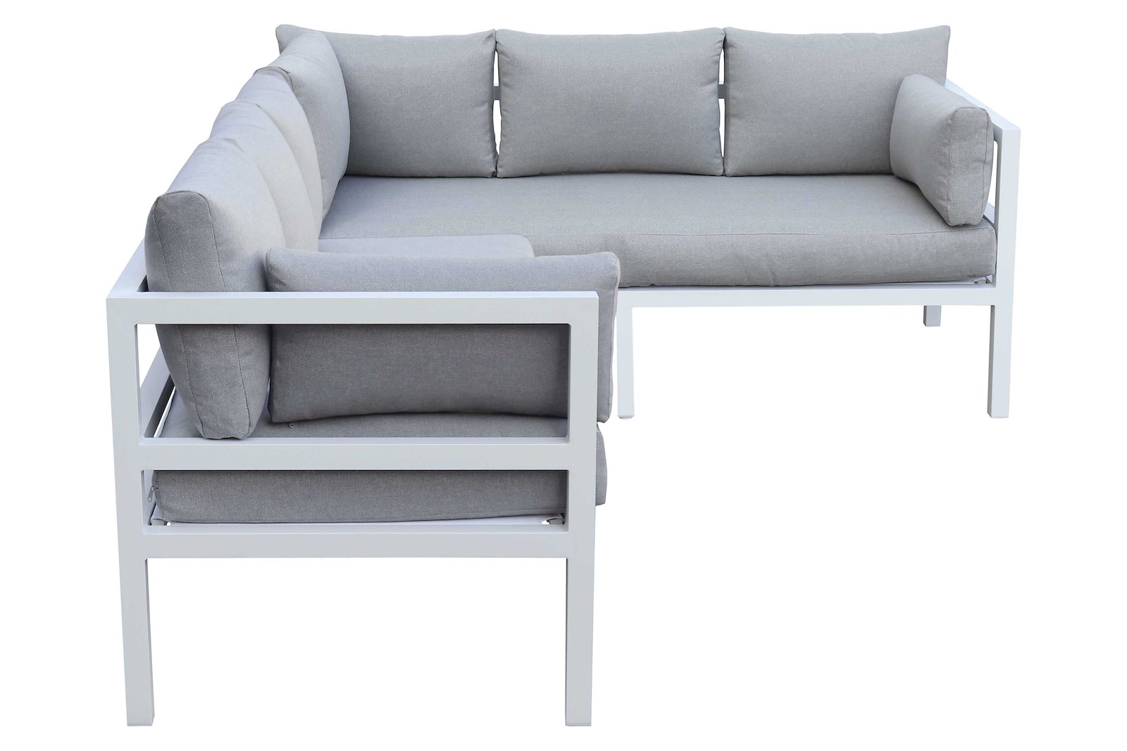 Sicilia utesofa Hagesofa med 3-seter venstre, hjørnemodul og 2-seter høyre. Hvitlakkert aluminium med lysegrå puter. Bord selges separat.
