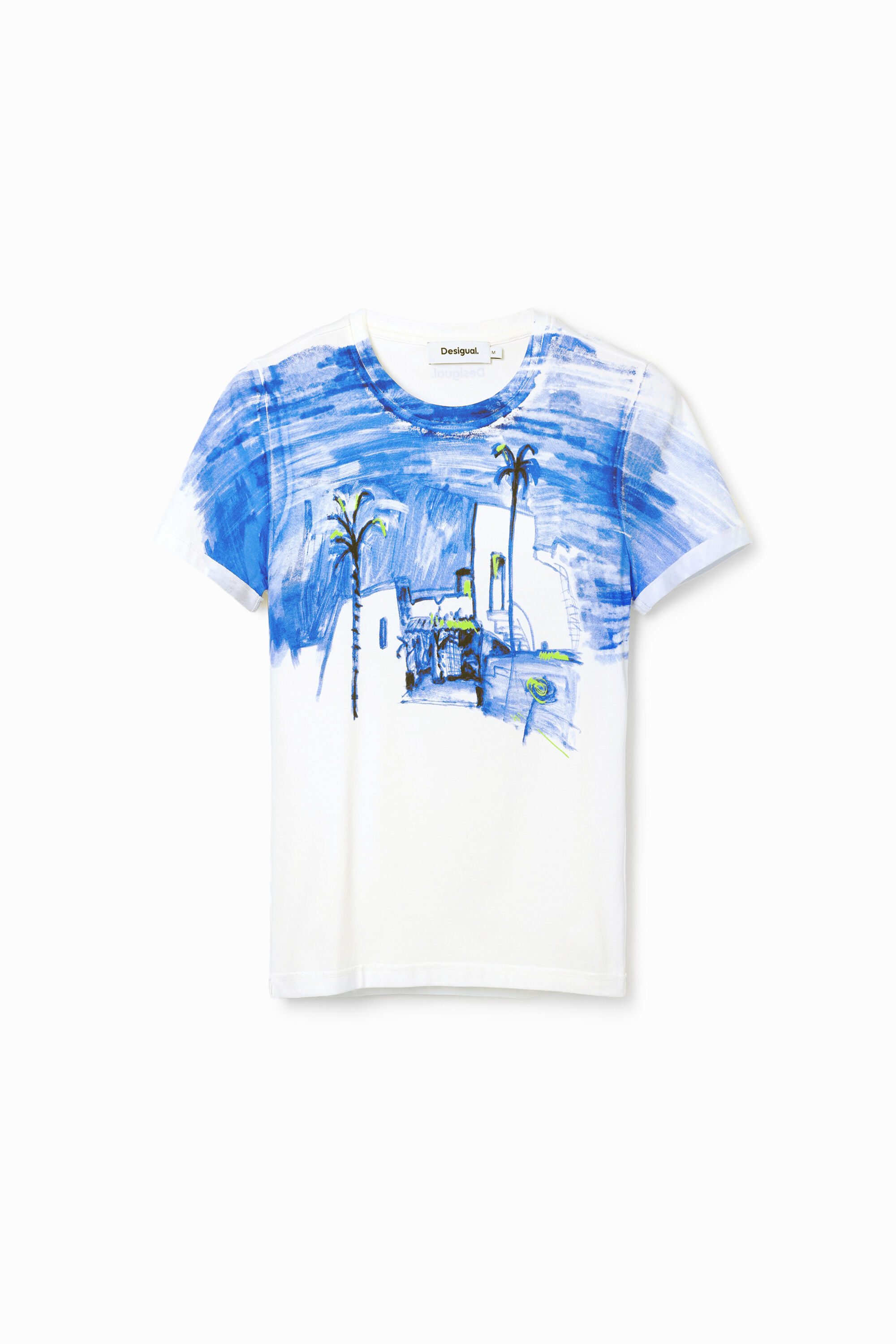 Camiseta com estampa de paisagem mediterrânea