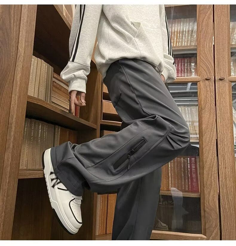 jaywoon - Broek met trekkoord in de taille, effen paneel, ritssluiting en rechte pijpen