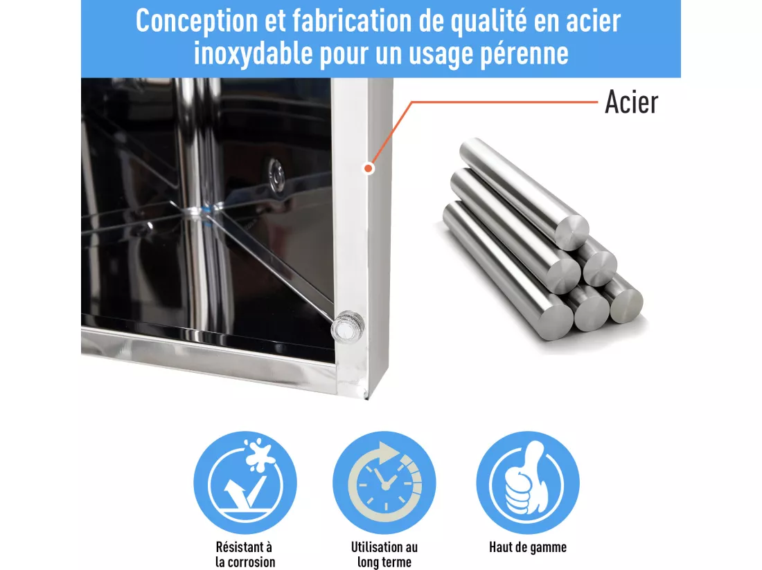 Armoire miroir salle de bain armoire de toilette murale meuble d'angle 2 étagères dim. 30L x 18,4l x 60H cm acier inox.