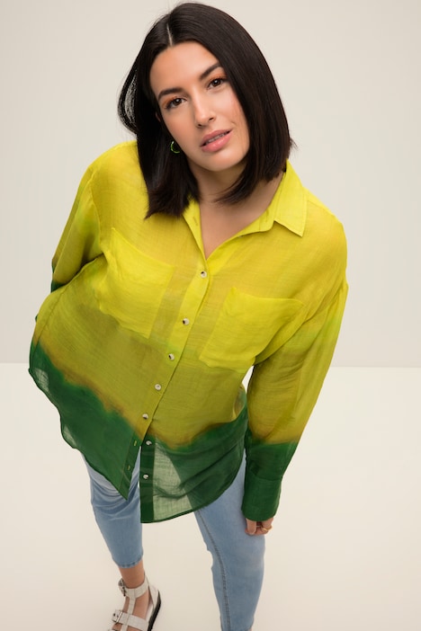 Hemdbluse, oversized, Batik-Farbverlauf, Hemdkragen, Langarm