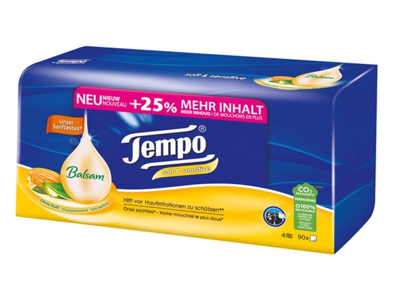 Tempo Taschentücher Box soft & sensitive 90 Stück Sanftes, parfümfreies Taschentuch mit vier Lagen
