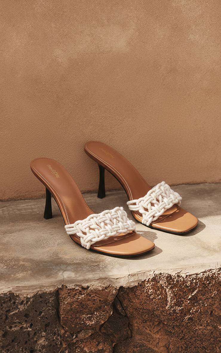 Crème Mules À Talons Bout Carré Avec Bride Tressée En Corde