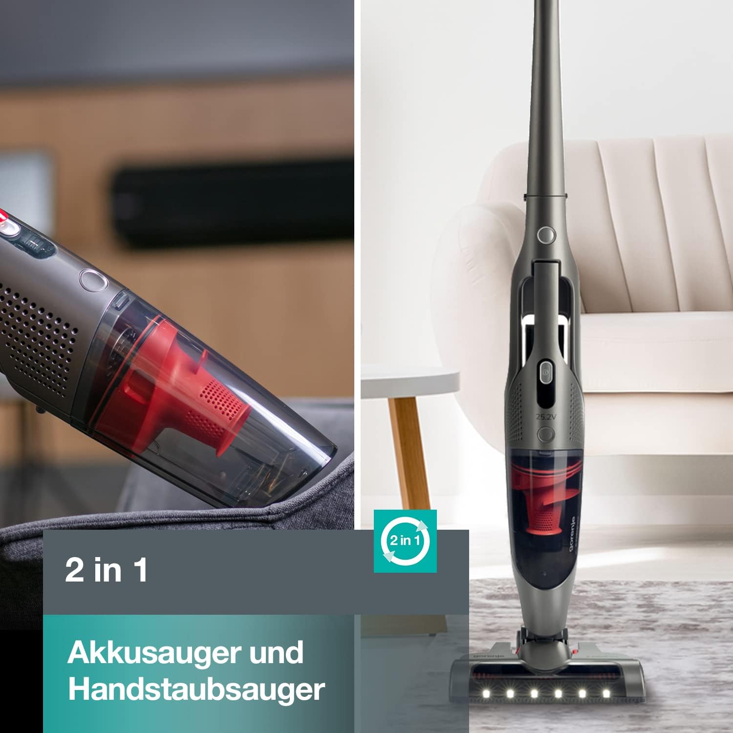 Gorenje SVC 216 GFW Kabelloser Akkusauger und Handstaubsauger – 2 in 1/ Faltbar/ Free-StyleMove/ LI-ION Technology/ HEPA-Filter/ CyclonicPower/ 118 cm/ 70 min./ 0,5 l/ 22 W Saug-leistung/ 75,2 dB