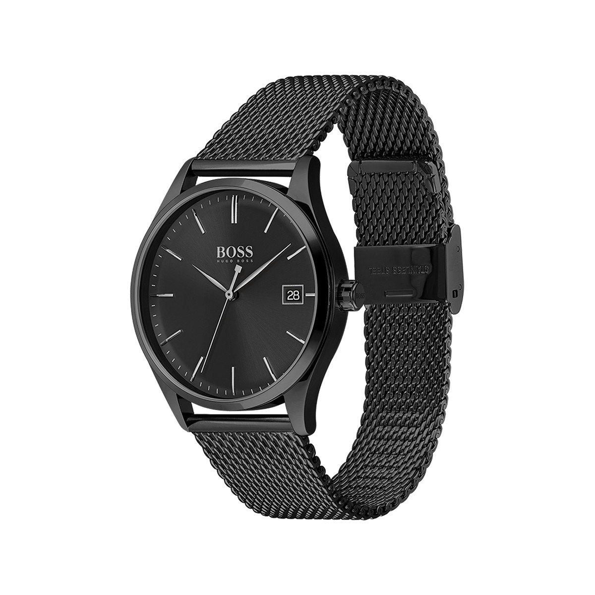 Montre Boss homme acier noir maille milanaise