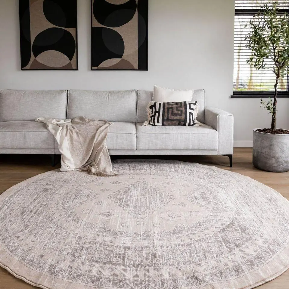 Interieur05 rond vintage Aila vloerkleed zand/beige - 160 x 160 cm