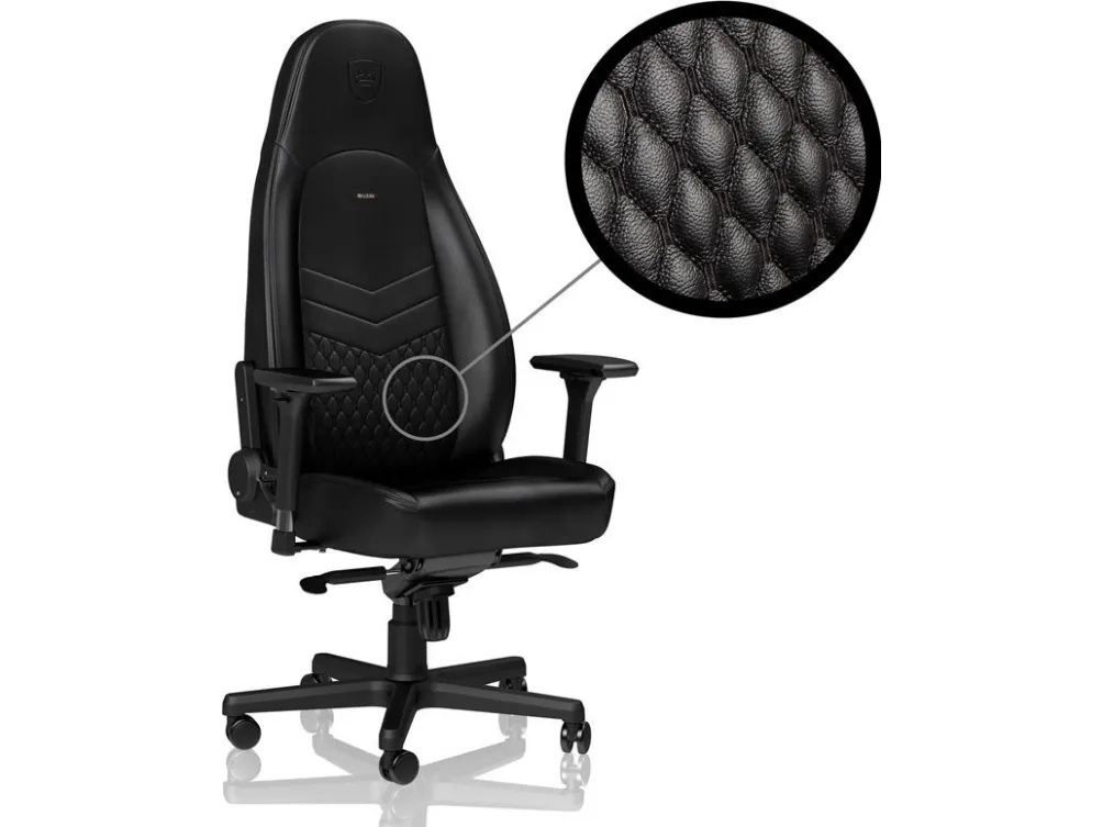 Noblechairs ICON - Stol - armstøtter - T-formet - vippe - drejeled - aluminium, polyurethan, stål, top-narv læder, nylon/polyetylen - sort